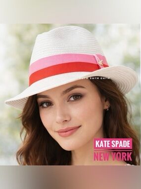 NWT kate spade white Straw Hat Fedora with Pink and Red Ribbon summer hat